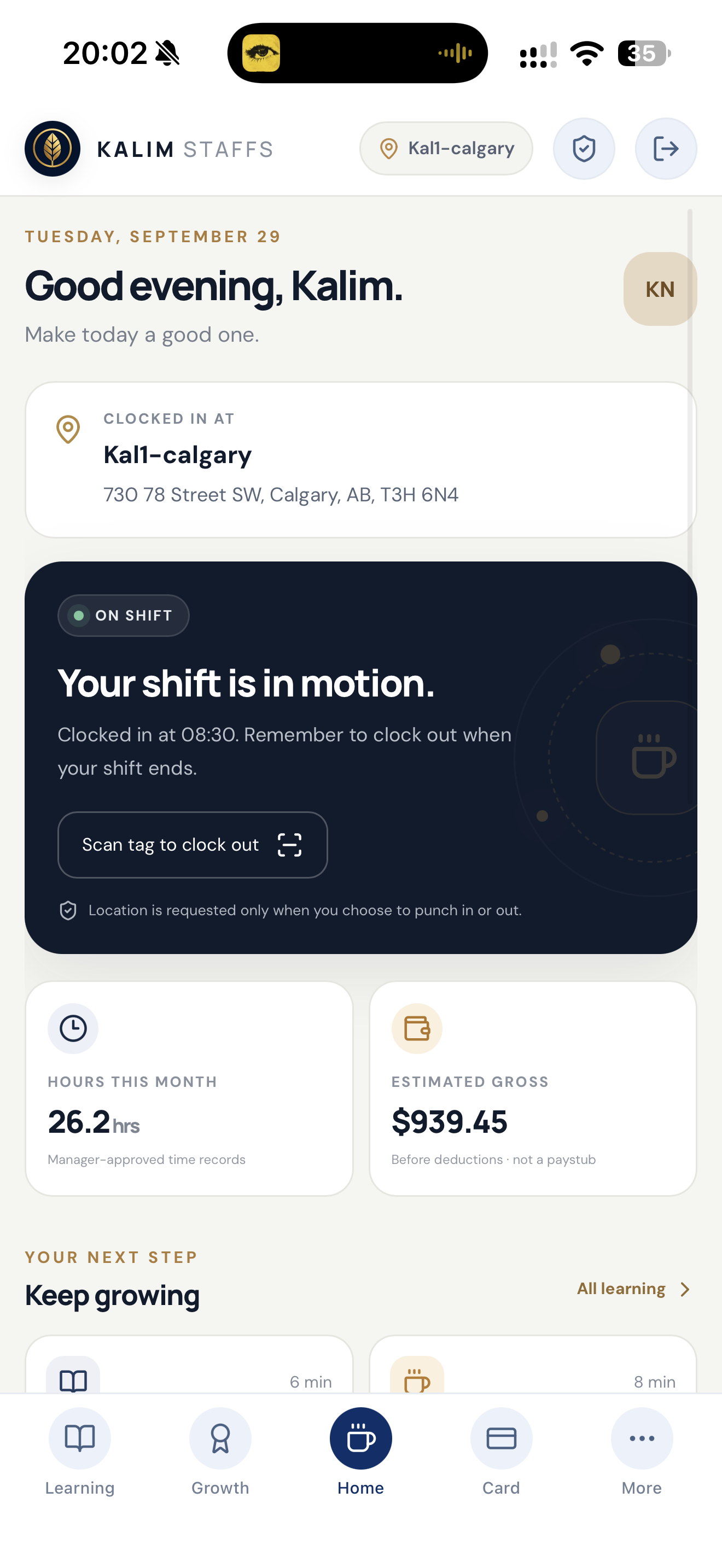 KalimStaffs on iPhone showing an active shift, monthly hours and estimated gross pay