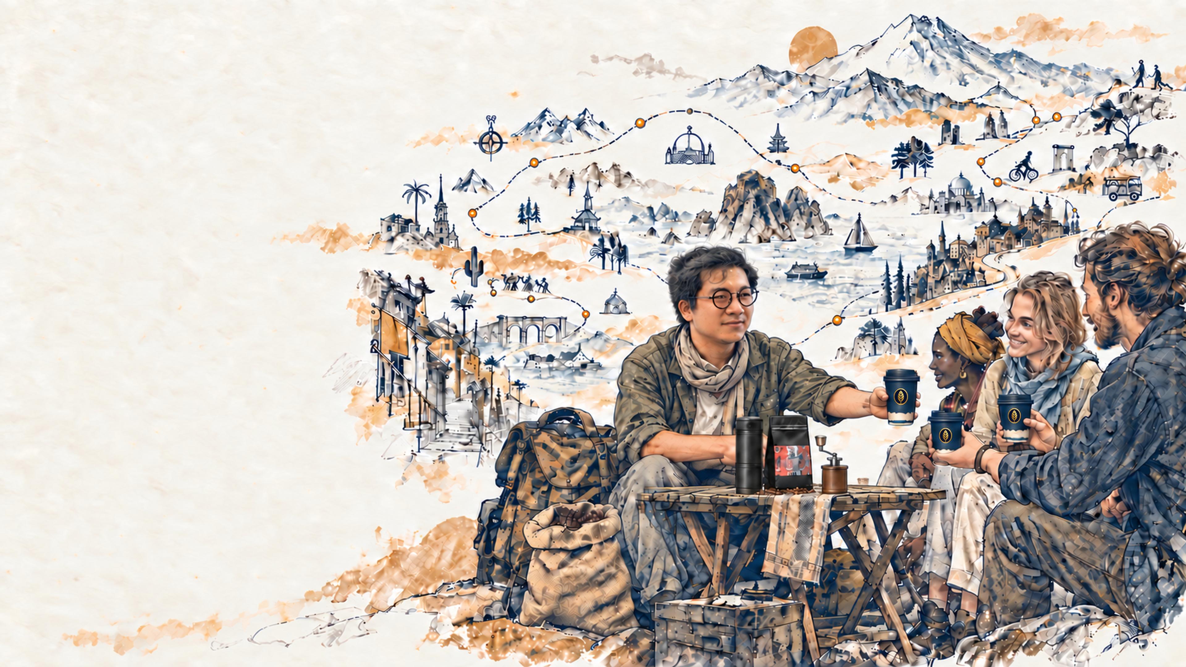 Kalim, wearing round glasses, shares coffee with fellow travellers beside his portable espresso maker and coffee beans, with sketches of his journey in the background.