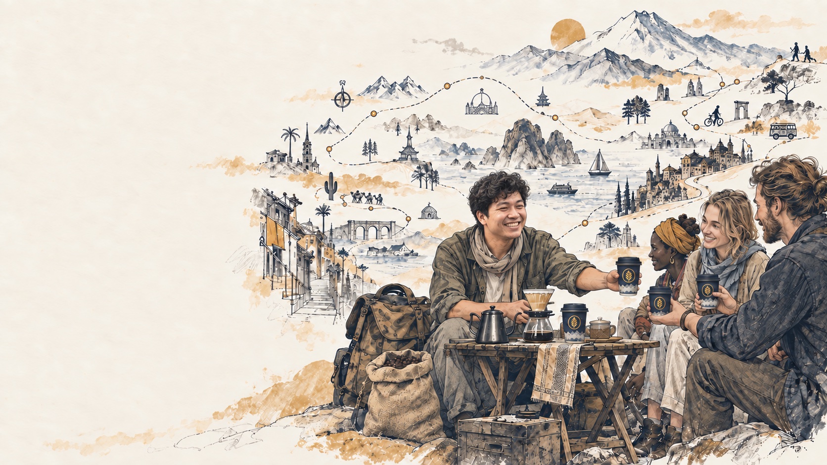 A full-scene sketch of Kalim, smiling as he hands freshly brewed coffee to new friends, with the journey around them.