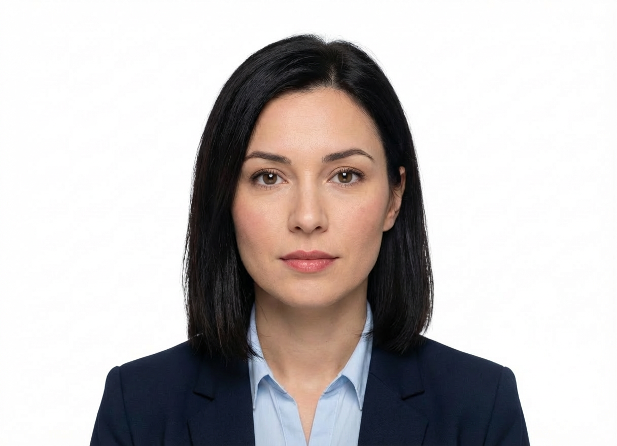 Professional identification for international business travel ID portrait of a woman with a French passport and Kalim Coffee business card.