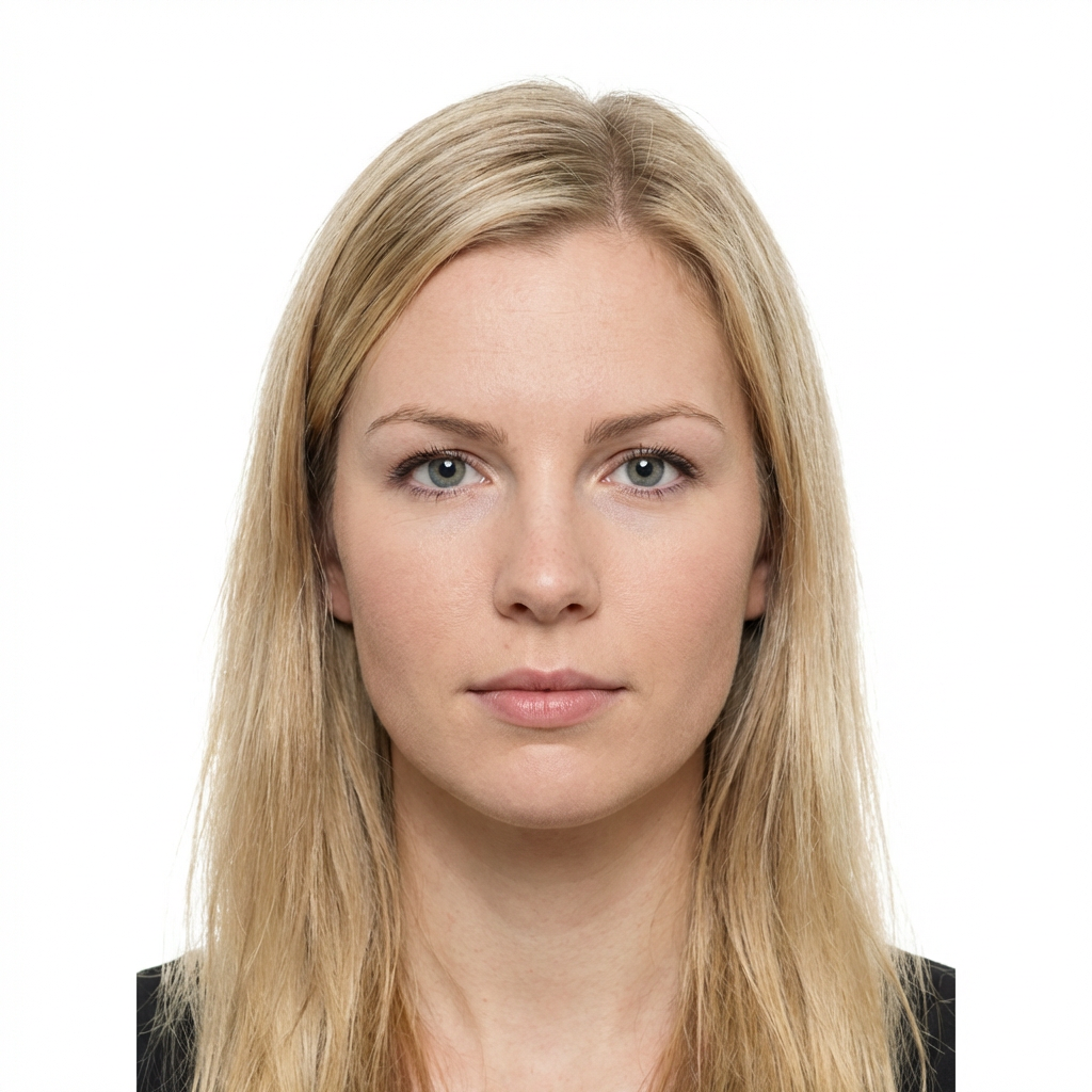 Professional passport headshot of a blonde woman Front-facing headshot of a blonde woman with a neutral expression on a white background.
