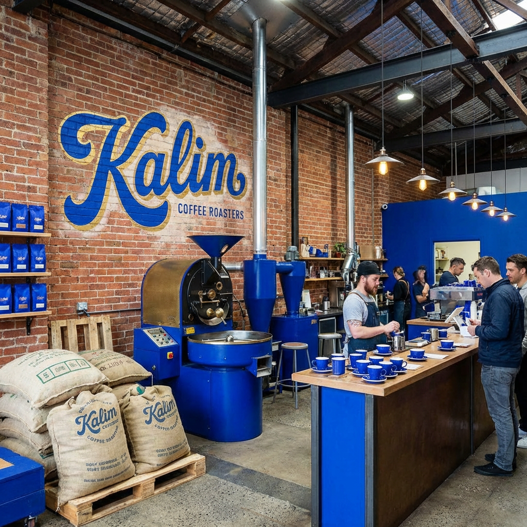 Kalim Coffee Roasters interior with a large blue roaster, burlap sacks, and busy counter.