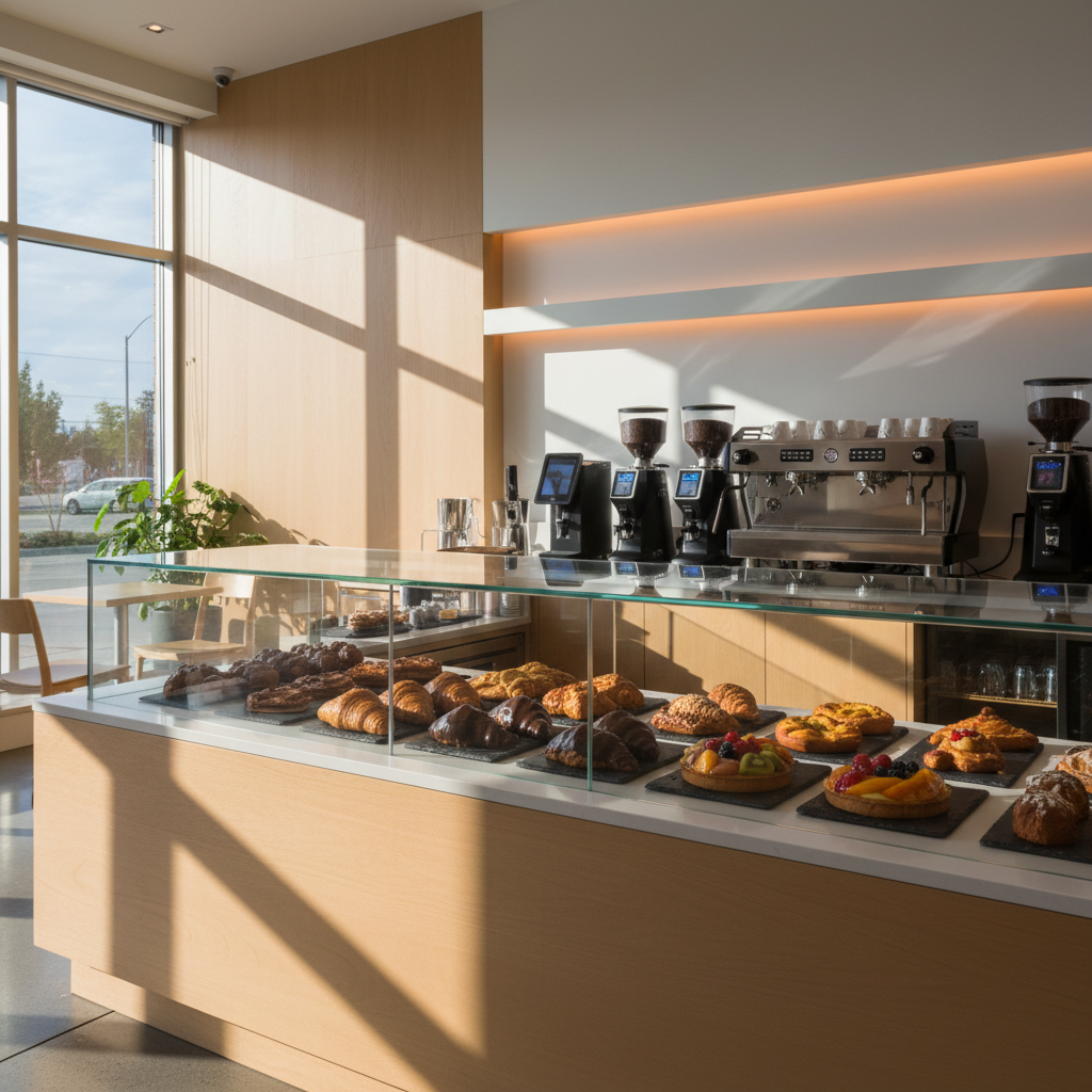 An inviting corner of a contemporary Calgary coffee bakery interior, captured without any people. A row of neatly aligned, glass display cases showcases artisanal pastries, glossy fruit tarts, and dark chocolate croissants on slate trays. Behind them, a sleek wall of integrated espresso machines, grinders, and smart brewing devices glows with subtle LEDs. Natural afternoon light streams through large windows, reflecting off the polished concrete floor and pale wood accents. The mood is calm and professional, with photographic realism, shot at eye level using the rule of thirds to highlight both the bakery case and the advanced coffee technology in the background.