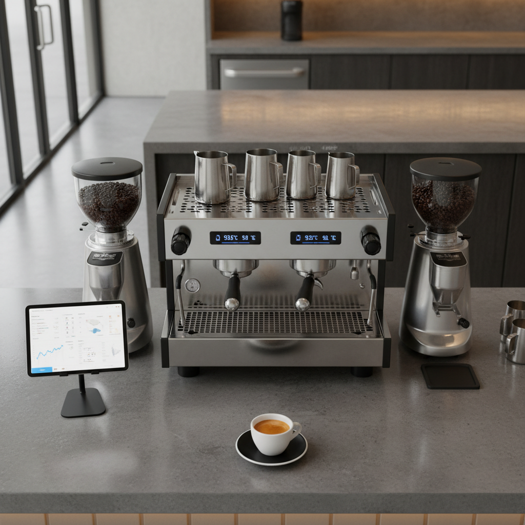 An overhead view of a polished stone café bar in Calgary, set up as a barista’s technology station without any human presence. A shiny stainless-steel espresso machine with dual group heads and blue-tinged digital temperature displays anchors the frame, flanked by two calibrated grinders and a row of labeled metal pitchers. A tablet on a low stand shows a dashboard of live brewing metrics. A single, expertly pulled espresso in a small white demitasse sits on a black saucer at the edge. Cool, diffused window light mixes with warm under-cabinet LEDs, creating balanced, photographic realism and a precise, professional mood.