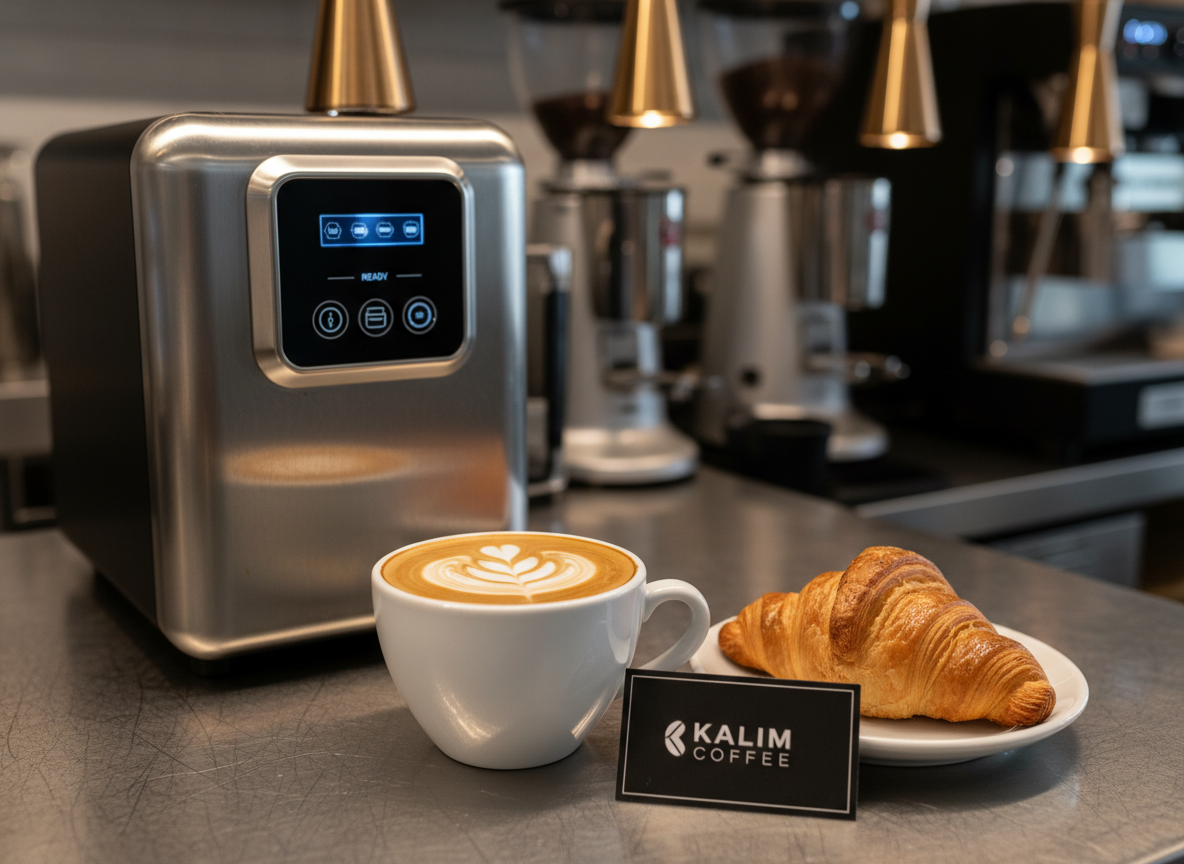 A close-up of a glossy white ceramic cappuccino cup with a precise rosetta latte art design, resting on a brushed aluminum counter beside a compact, high-end espresso machine with illuminated digital controls. Next to the cup lies a minimal, black-branded Kalim Coffee card and a small plate holding a perfectly baked, golden-brown croissant with visible flaky layers. Warm pendant lighting from above creates soft highlights on the cup’s rim and the pastry’s crust, while the background fades into a gentle bokeh of stainless-steel equipment. Photographic realism from a slightly elevated angle, conveying a clean, modern, and professional coffee bakery environment.