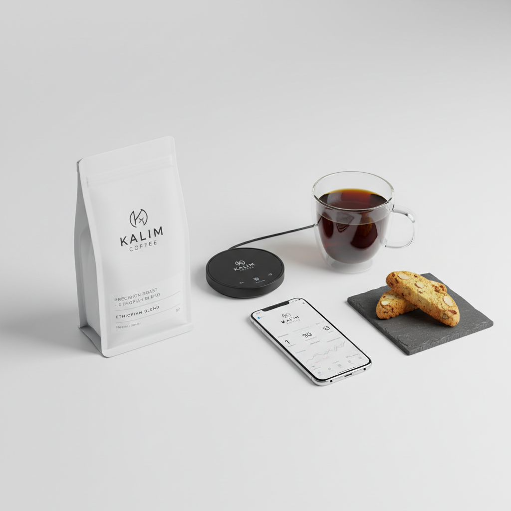 A meticulously styled product showcase of Kalim Coffee’s technology ecosystem on a clean, matte white surface: a branded bag of beans with minimalist typography, a compact smart scale linked to a slim smartphone displaying a brew profile app, and a double-walled glass mug filled with dark, gleaming coffee. A small slate plate holds two biscotti with visible almond pieces, tying in the bakery element. Soft, diffused studio lighting eliminates harsh shadows, creating a bright, professional atmosphere. Photographic realism with a centered composition and subtle depth of field, ideal for a website hero image that communicates modernity, precision, and premium coffee culture.