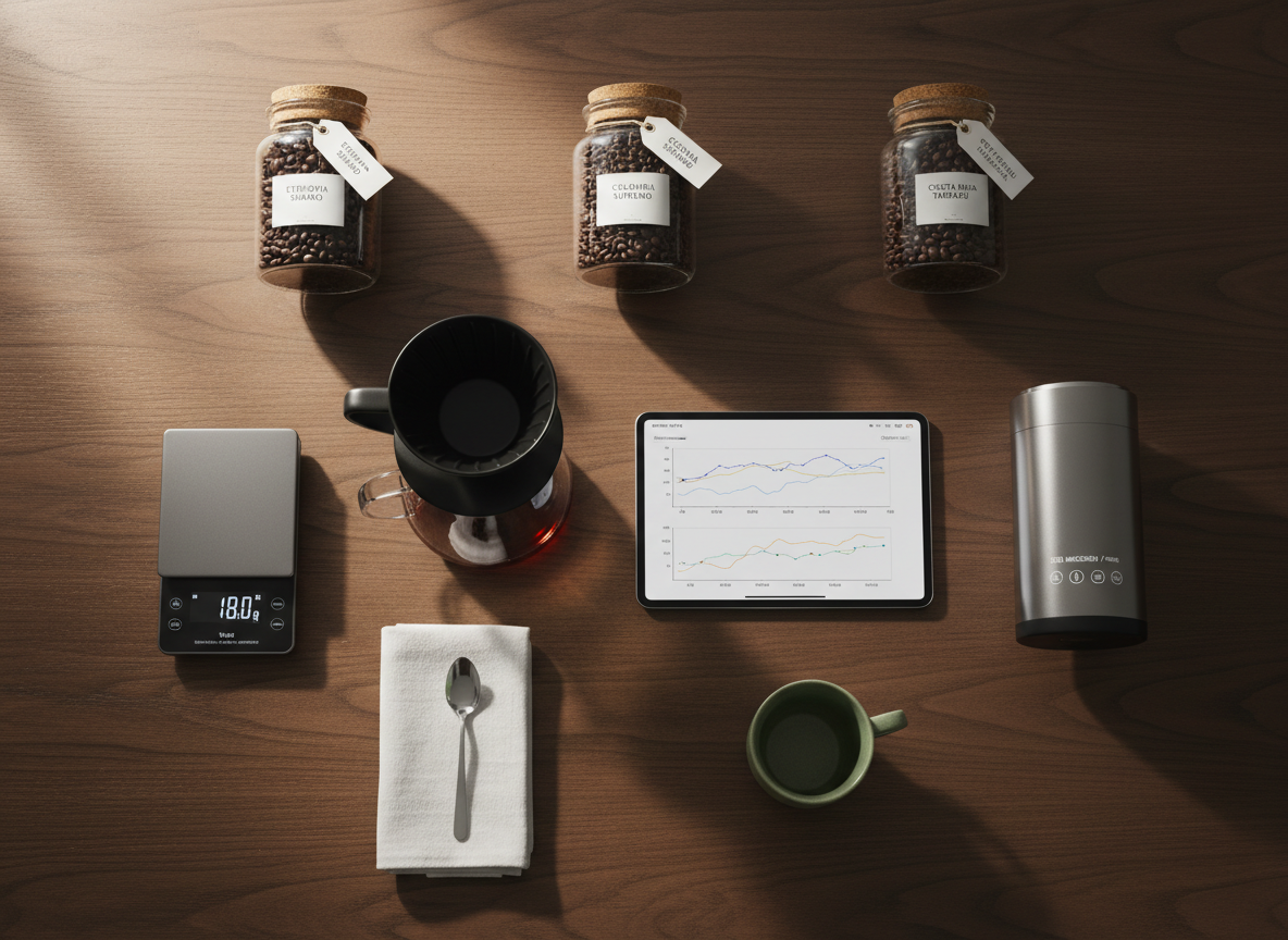 A meticulously arranged flat lay of a technology-driven coffee ecosystem on a smooth, dark walnut table. At the center sits a matte black pour-over dripper atop a pristine glass carafe half-filled with amber coffee, next to a sleek tablet displaying analytics of brew time and extraction curves. Surrounding it are neatly labeled glass jars of single-origin beans, a compact stainless-steel scale, and a modern grinder with digital readout. Soft morning light from an unseen window glides across the surface, creating gentle reflections and subtle shadows. Photographic realism, shot from a bird’s-eye view with sharp focus and a calm, professional atmosphere, emphasizing innovation, precision, and premium quality.