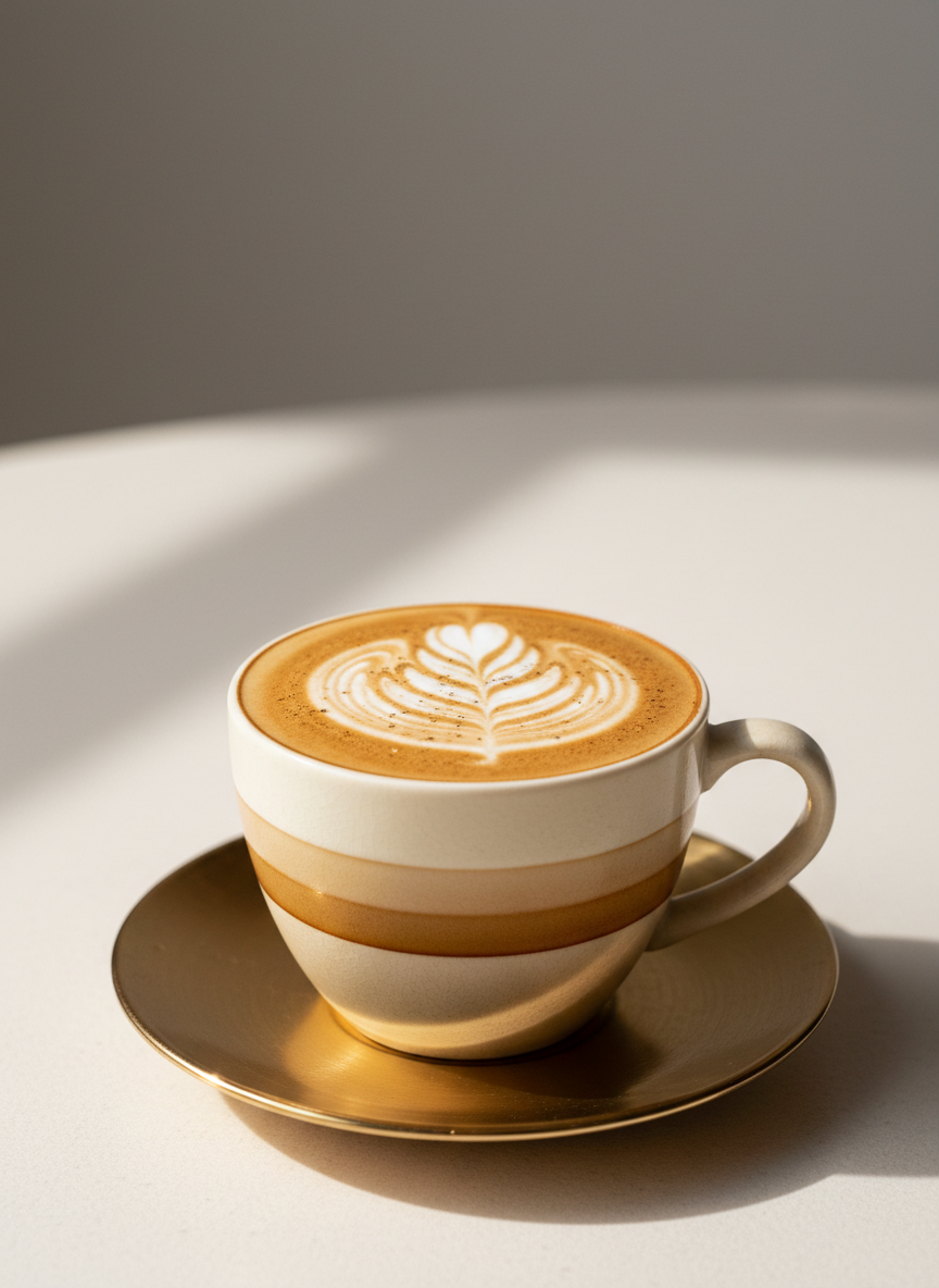 Signature latte with delicate latte art in a ceramic cup, Kalim Coffee