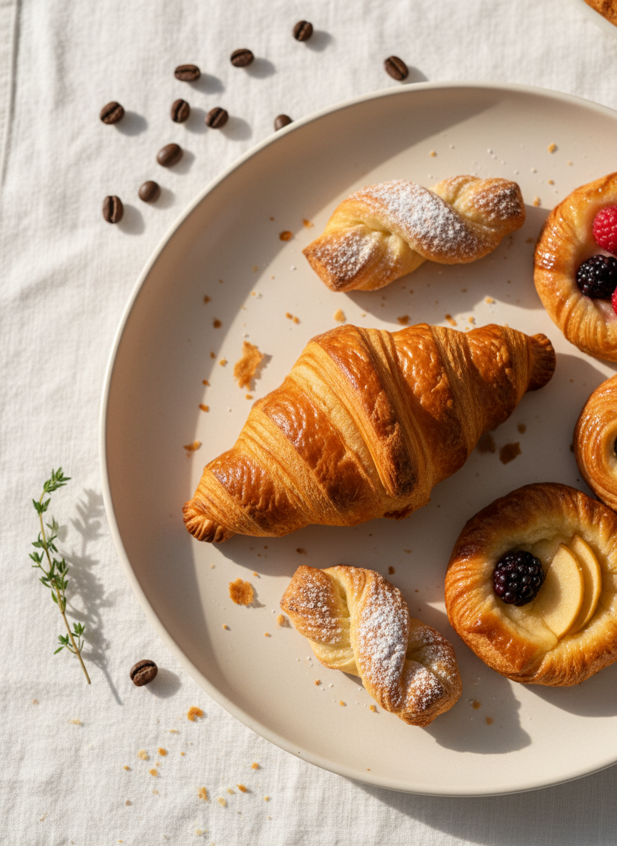 Golden croissant and fresh pastries, Kalim Coffee bakery