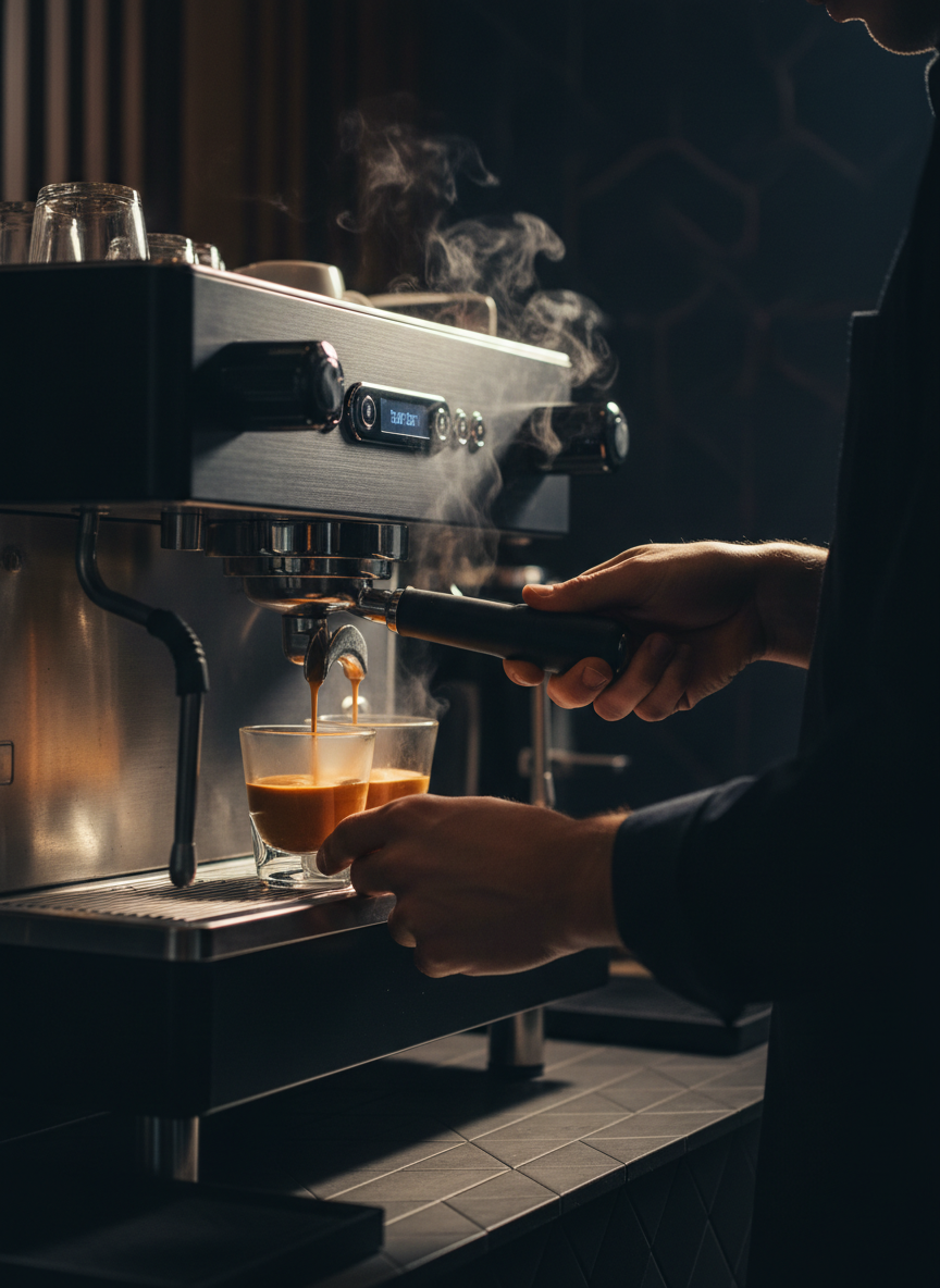 A freshly pulled espresso in a white ceramic cup, Kalim Coffee